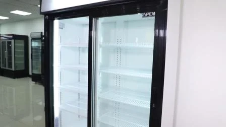 Venda imperdível para supermercado com porta deslizante dupla, display vertical, equipamento de refrigeração